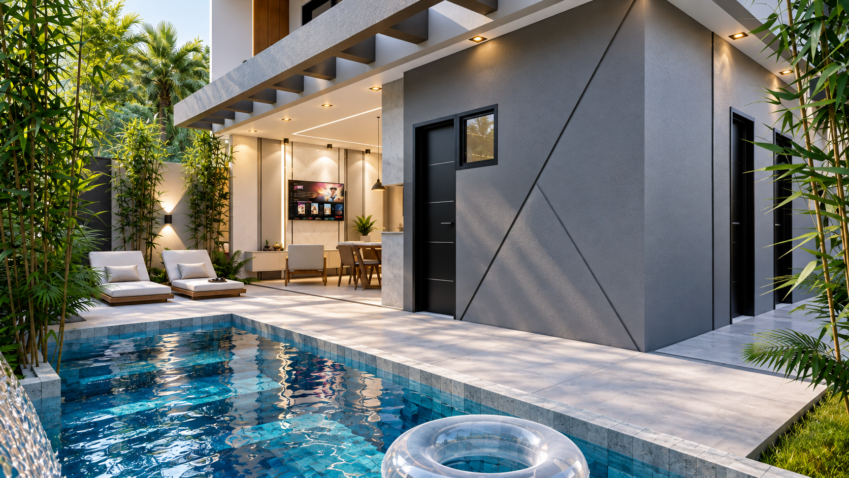 Fundos da casa e piscina — perspectiva do projeto