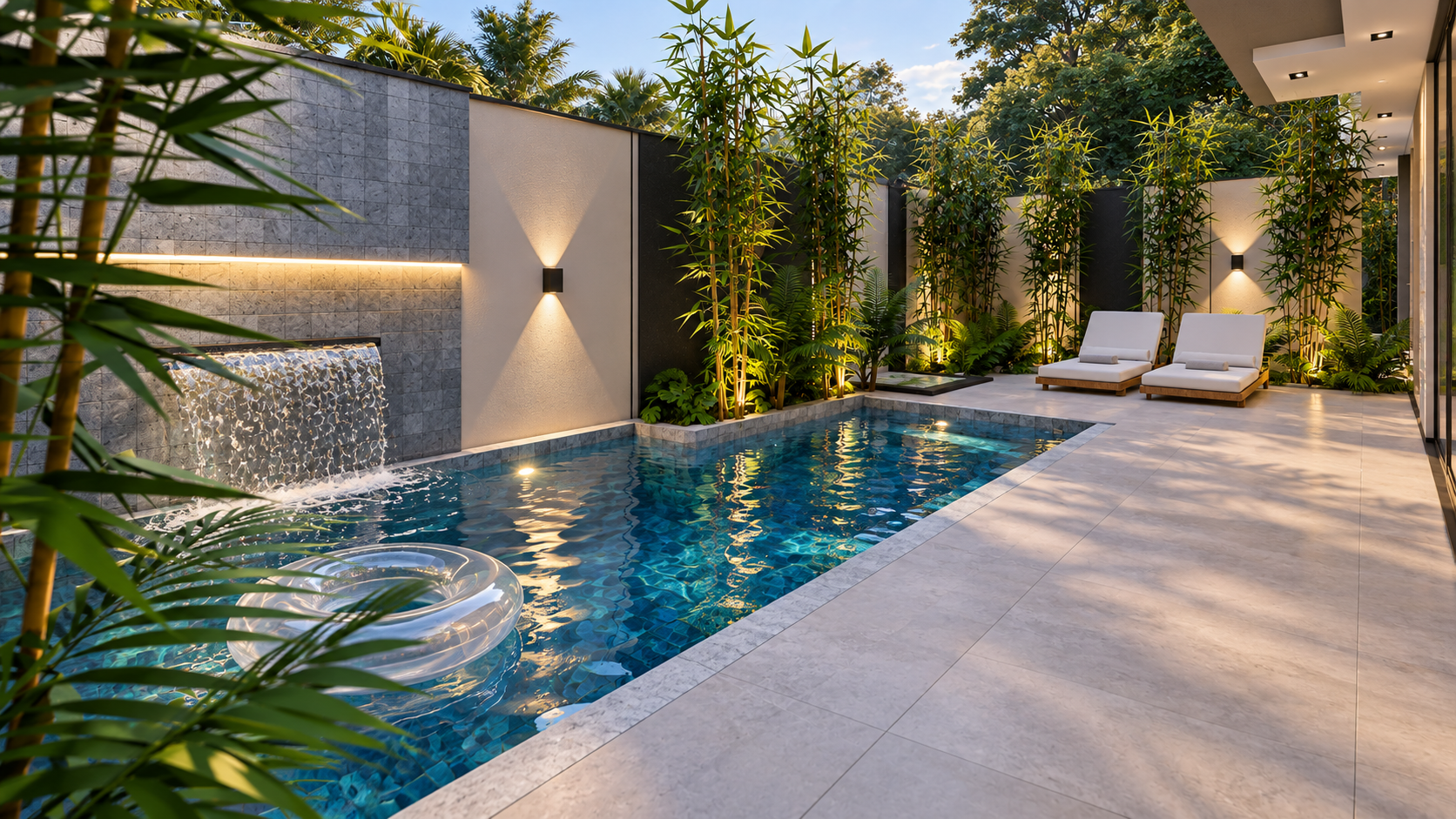 Piscina e cascata — perspectiva do projeto