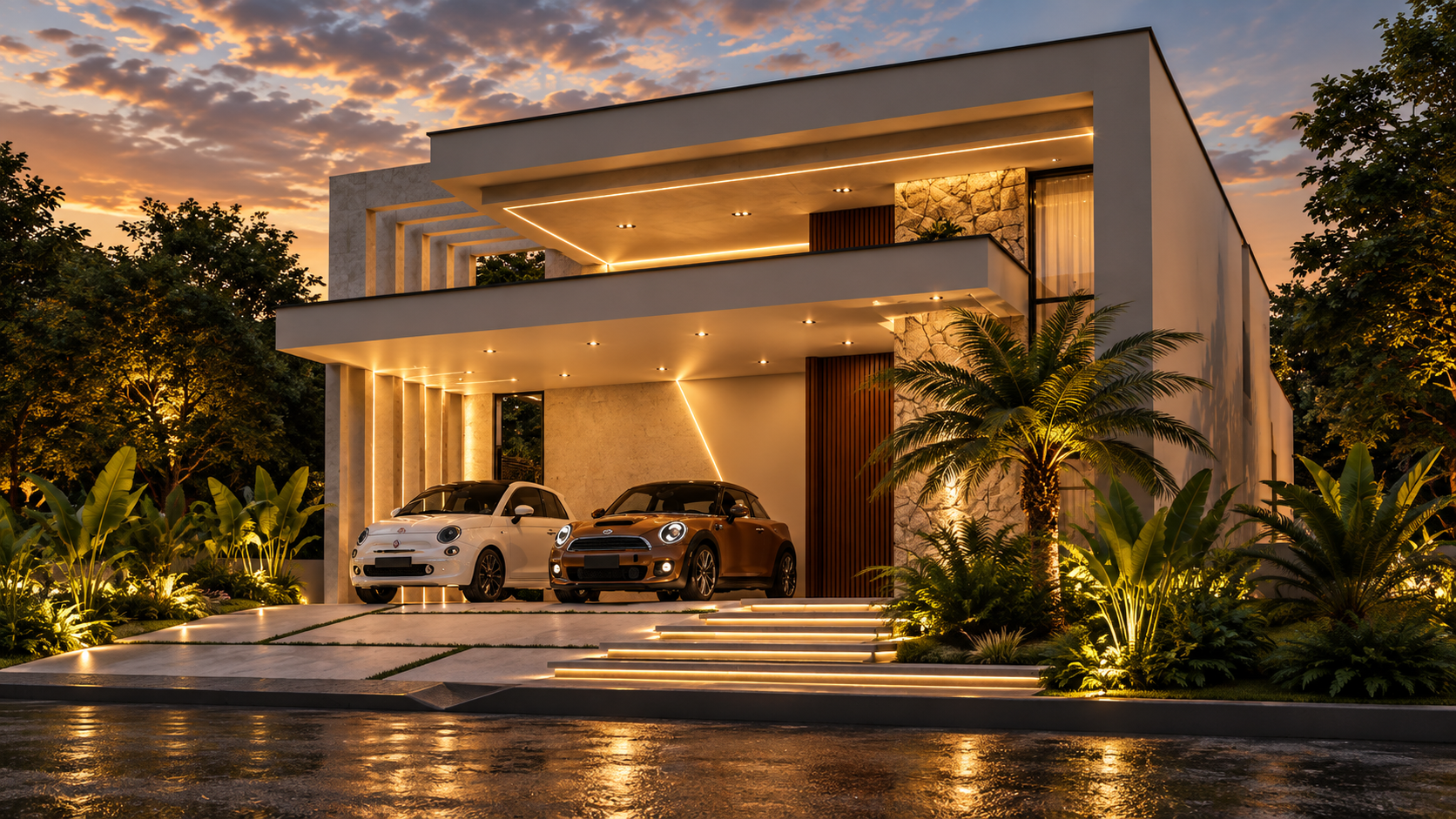 Fachada, perspectiva pela direita — projeto Vivenda das Marinas